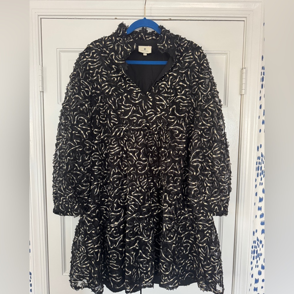 Tuckernuck Black Crepe Dress with Gold Textured Swirl Detail